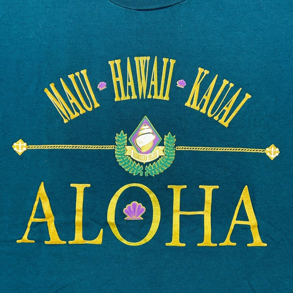VTG Hawaii Shirt Mens Large Green Maui Aloha Kauai Island Puff Print Tee USA 90s - Picture 3 of 12